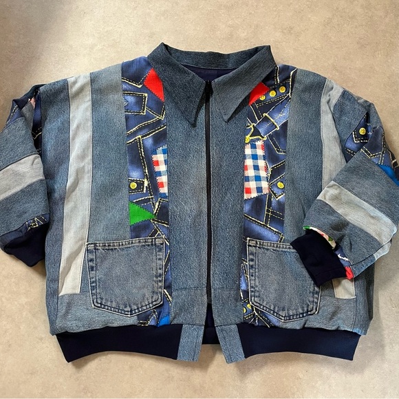 Handmade unique Patchwork Denim Jean Jacket with Multicolor Accents. Lined. XL - Picture 1 of 9